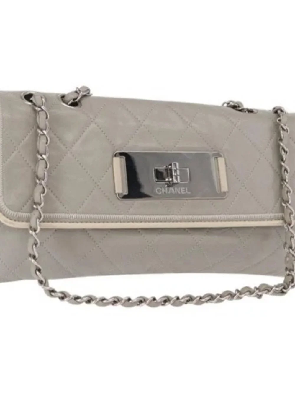 CHANEL Lamb Skin Chain Shoulder Bag Gray Silver CC Auth bs32040